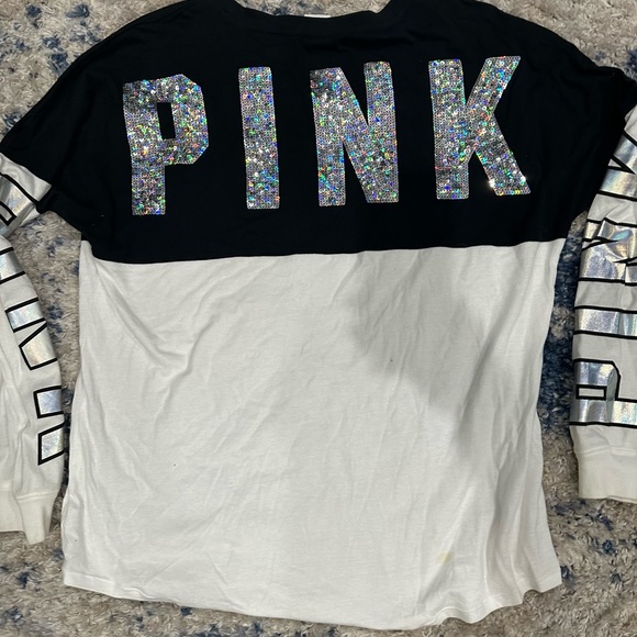 PINK Victoria's Secret Pink Bling Long Sleeve Black and White Tee - Picture 6 of 8